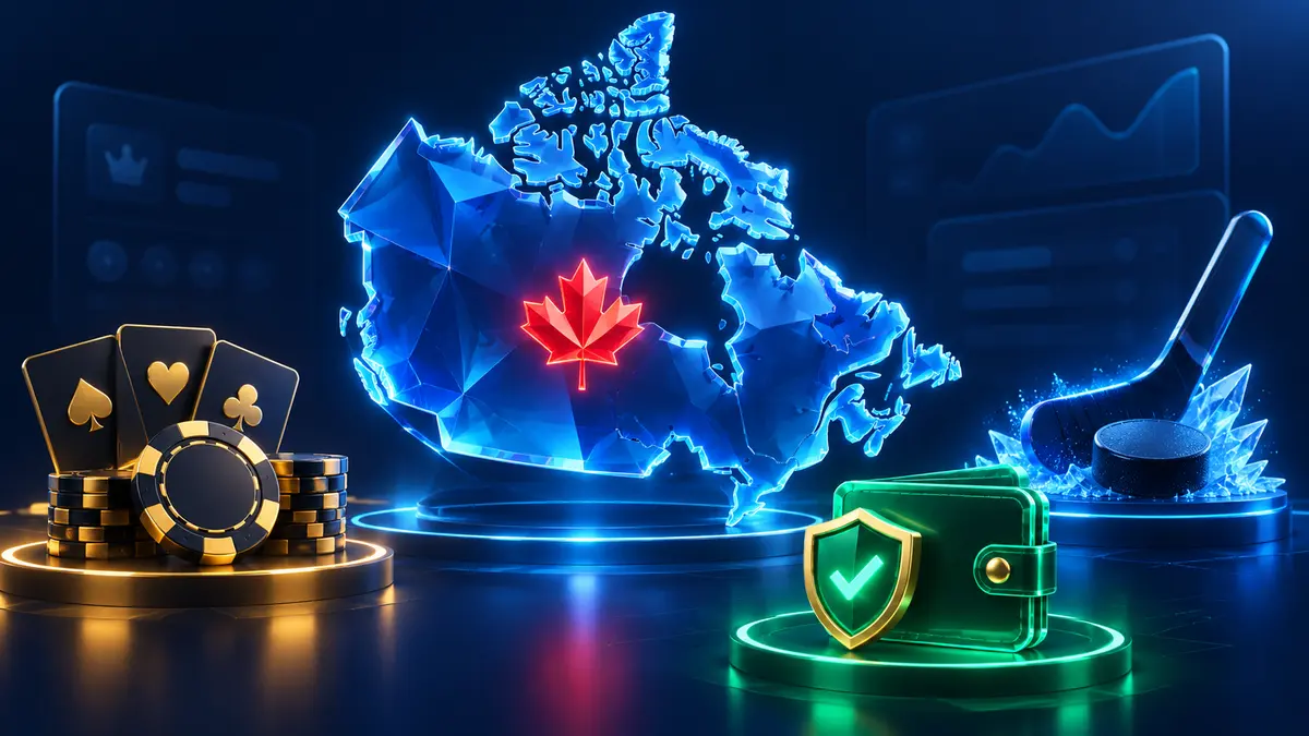 Canada map with casino, hockey and payment symbols in dark blue 3D style