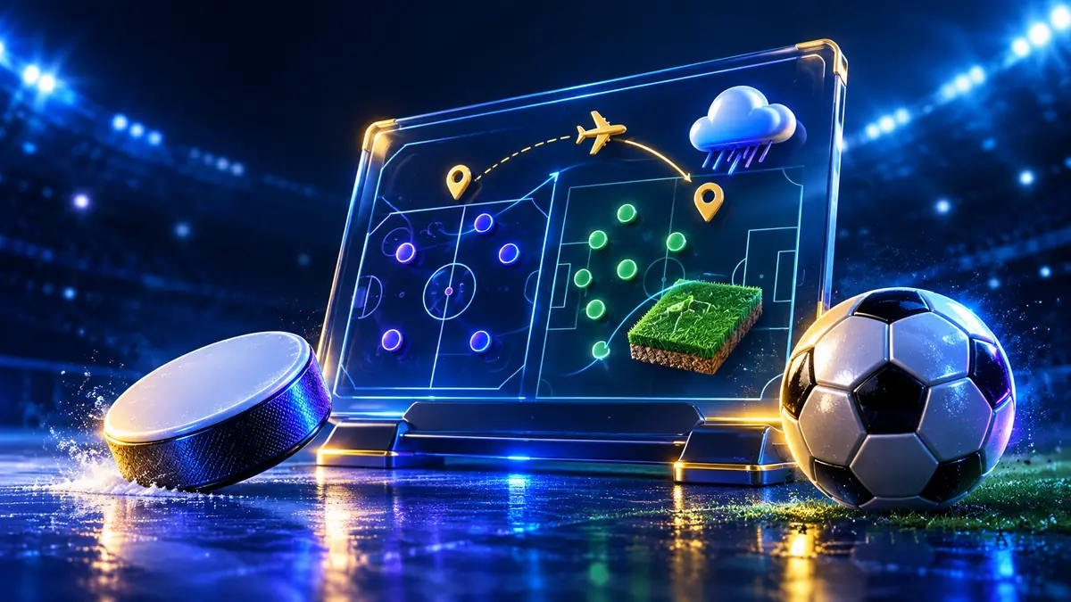 Ice hockey puck and soccer ball beside a weather and lineup analysis board
