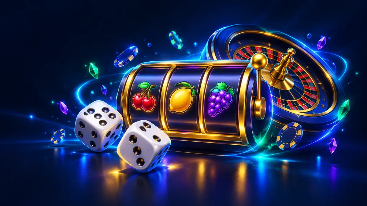 Dark blue 3D casino hub with slot reels, dice and live table symbols
