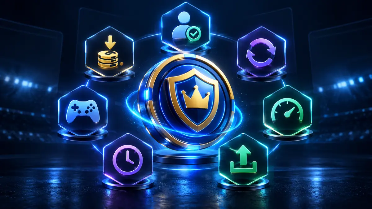 Seven glowing rule markers around a protected bonus token